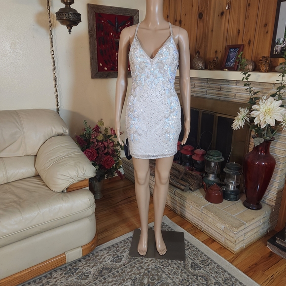 Primavera Couture Dresses & Skirts - Sequin Embellished White Mini Dress with Spaghetti Straps